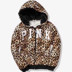 VS PINK Leopard Faux Fur Lined Hoodie Full Zip